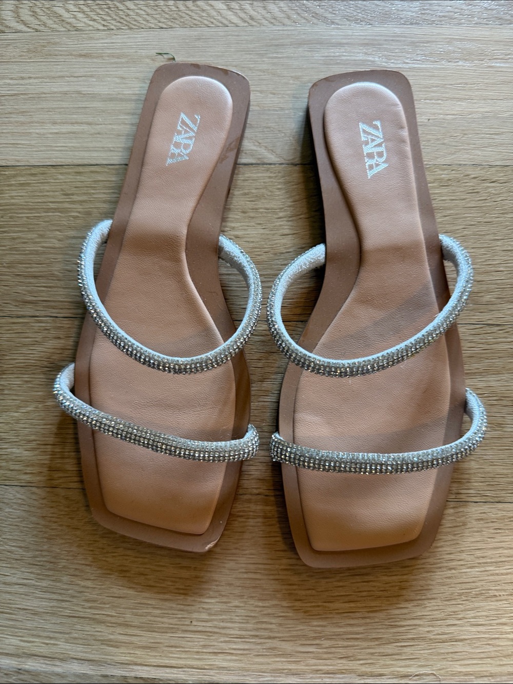 ZARA Tan Slide Sandals with Crystal-Strap Detail